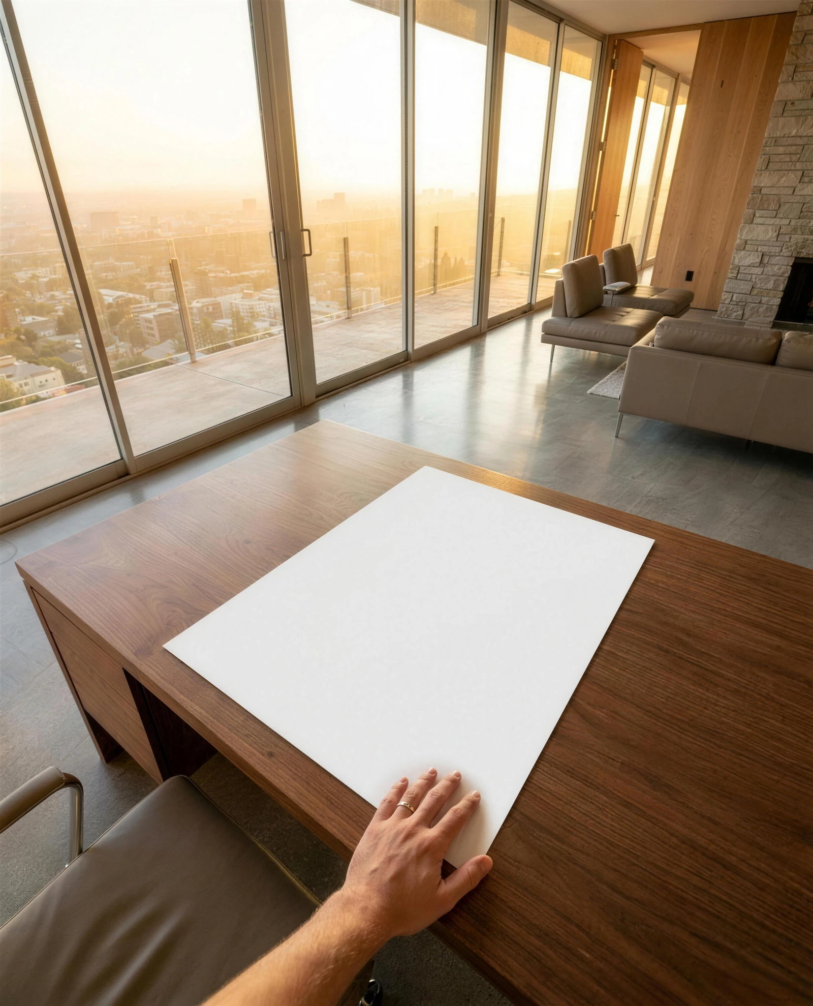 A printed year archive laid on a walnut desk in warm morning light, high above the city, a hand resting at its edge